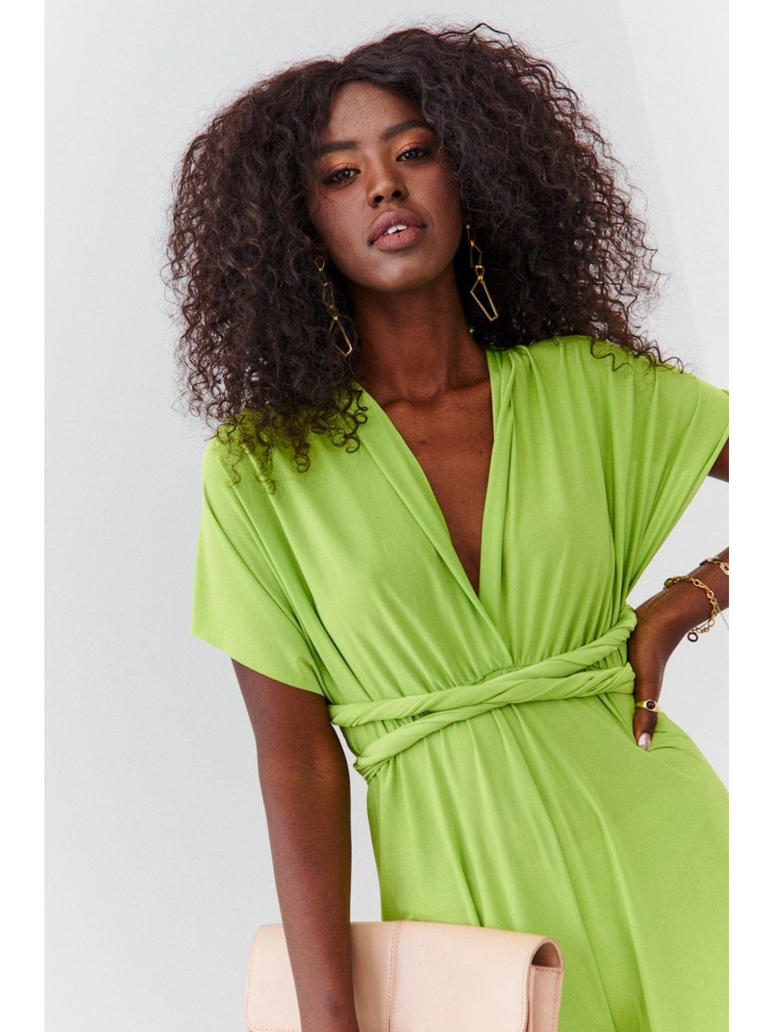 Elegant jumpsuit with wide legs and a tied top, lime 44610 - Online store - Boutique